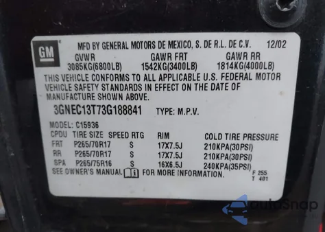 2003 Chevrolet Avalanche 1500 из США, поврежденный, VIN 3GNEC13T73G188841